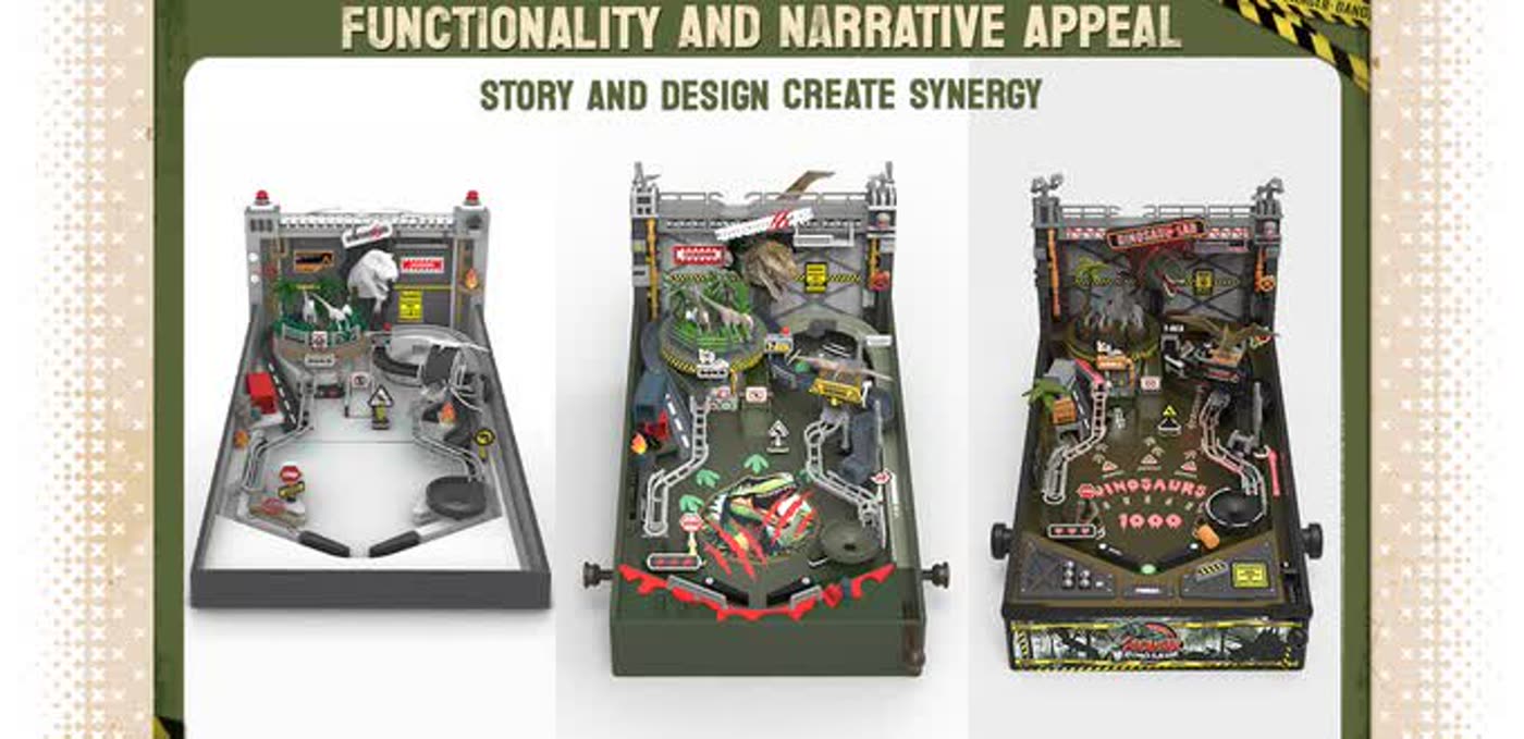 Tres renders en 3D del playfield de Dinosaur Lab en distintas fases de desarrollo