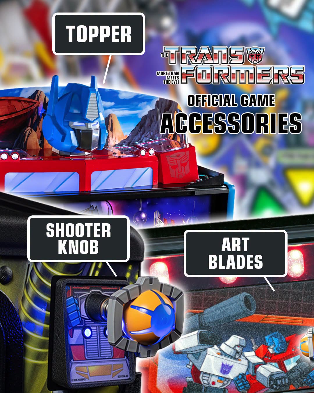 Cartel oficial con el resumen de todos los accesorios: topper, shooter knob, blades y armadura